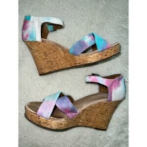 TOMS pink & blue tie dye strappy wedge - size 8
